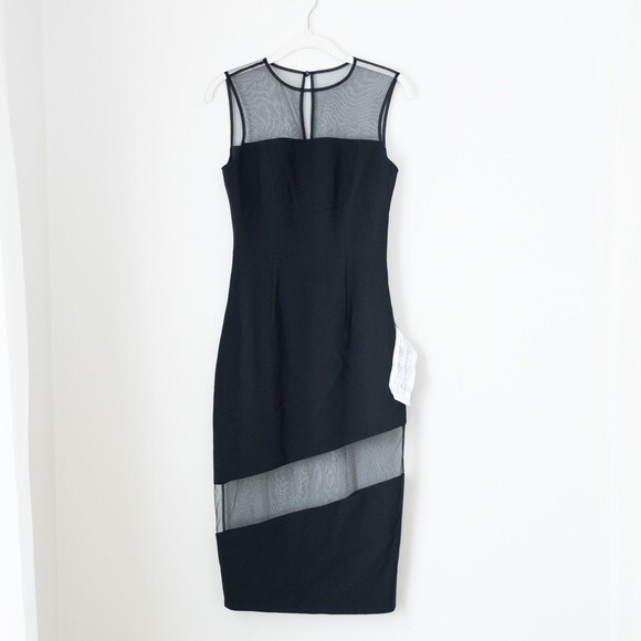 Dress the Population Valerie Sheer Panel Illusion Midi Little Black Dress Size S - Picture 3 of 10